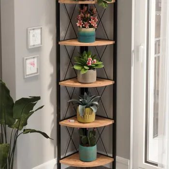 Biblioteca metalica de colt cu 5 rafturi, etajera colt 30 x 170 cm, cadru metalic negru stil industrial, rafturi triunghiulare PAL melaminat 18 mm, optimizeaza spatiul living birou sau dormitor, stil loft imagine