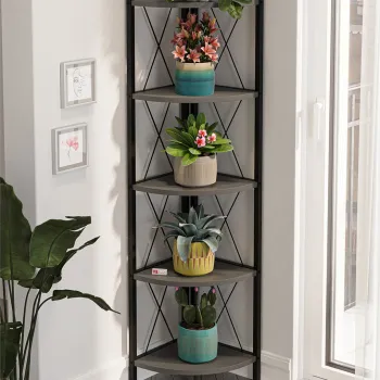 Biblioteca metalica de colt cu 5 rafturi, etajera colt 30 x 170 cm, cadru metalic negru stil industrial, rafturi triunghiulare PAL melaminat 18 mm, optimizeaza spatiul living birou sau dormitor, stil loft imagine