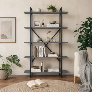 Biblioteca moderna din PAL si metal 90x29,7x159,6 cm, cu 5 rafturi, pentru carti si decoratiuni imagine