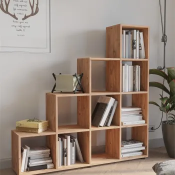 Biblioteca scara cu 10 rafturi, etajera carti 29 x 140.7 x 138.2 cm capacitate uriasa, doua laturi simetrice aerate, PAL melaminat 18 mm clasa E1 rezistent, stil scandinav modern ideal birou living sau studio imagine
