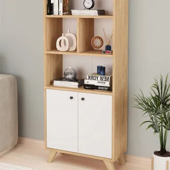 Biblioteca Smyrna cu 8 rafturi, etajera carti 90 x 180 cm capacitate mare, bicolor Stejar Safir + Alb, PAL melaminat 18 mm clasa E1, stil modern scandinav ideal birou studio sau living imagine