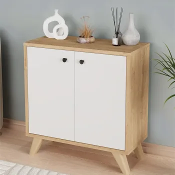 Biblioteca Smyrna joasa cu 2 rafturi, etajera 90 x 80 cm bicolor Stejar Safir + Alb, poate fi folosita si ca masuta sub fereastra in living, PAL melaminat 18 mm clasa E1, stil modern scandinav decorativ imagine