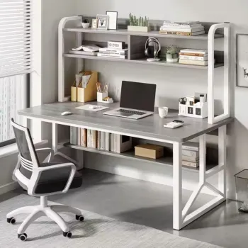 Birou cu rafturi integrate pentru laptop sau calculator - 2 polite de depozitare, cadru metalic - stejar/gri, 140x60 cm imagine