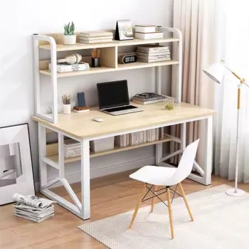 Birou cu rafturi integrate pentru laptop sau calculator - 2 polite de depozitare, cadru metalic - stejar/gri, 140x60 cm imagine