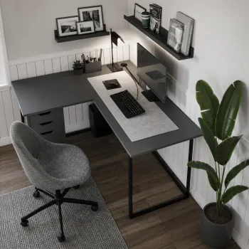 Birou de colt in forma L 140x147,8x73,8 cm, cu rafturi integrate si cadru metalic, pentru home office sau birou imagine