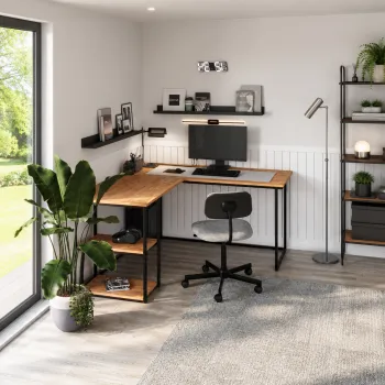 Birou de colt in forma L 140x147,8x73,8 cm, cu rafturi integrate si cadru metalic, pentru home office sau birou imagine