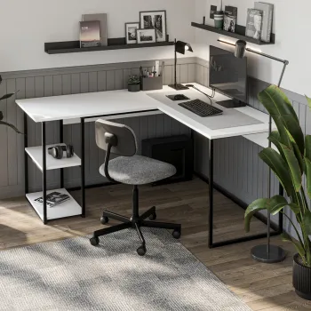 Birou de colt in forma L 140x147,8x73,8 cm, cu rafturi integrate si cadru metalic, pentru home office sau birou imagine