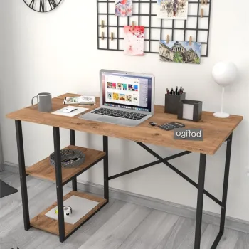 Birou de Lucru cu 2 Niveluri si Rafturi Integrate, Cadru Metalic, 120 x 60 x 75 cm imagine