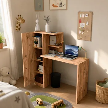 Birou de lucru Melsa din PAL 18 mm, cu rafturi si dulap, 120 x 40 x 122 cm imagine
