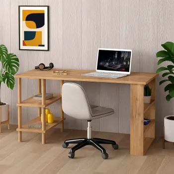 Birou de studiu cu raft dublu, MDF si lemn masiv, 120x60 cm imagine