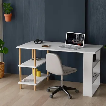 Birou de studiu cu raft dublu, MDF si lemn masiv, 120x60 cm imagine