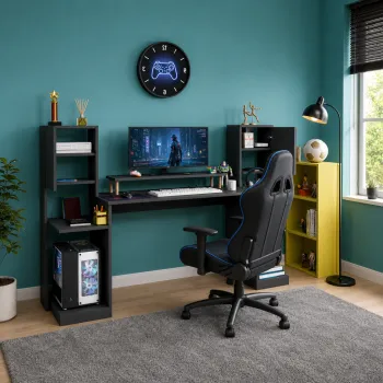Birou gaming Throne cu biblioteca, rafturi si dulapuri laterale, 183 x 45 x 120 cm imagine