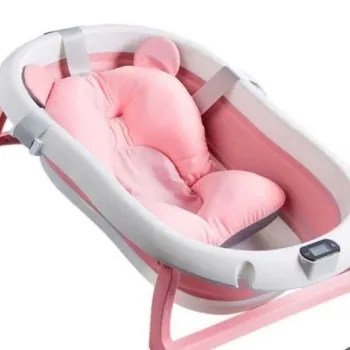 Cadita pliabila pentru bebelusi Premium cu suport pernuta, termometru electronic Incorporat, anatomica, picioruse antiderapante, dop scurgere, agatatoare, Marime 80x50x20, Roz/Albastru imagine