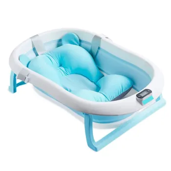 Cadita pliabila pentru bebelusi Premium cu suport pernuta, termometru electronic Incorporat, anatomica, picioruse antiderapante, dop scurgere, agatatoare, Marime 80x50x20, Roz/Albastru imagine