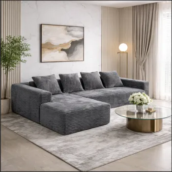 Canapea Modulara Forma L 240x150 cm, Sezlong Stanga, Spuma Premium, Velur Negru, Living Modern imagine