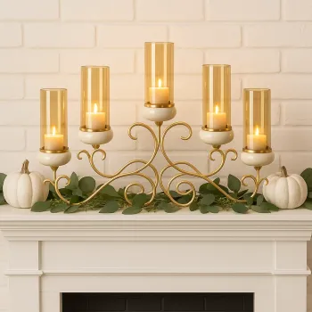 Candelabru Decorativ 34x69 cm cu 5 Suporturi Sticla Chihlimbar Design Auriu imagine