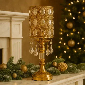 Candelabru decorativ auriu cu cristale, 40 cm. Metal finisat + cristale transparente imagine