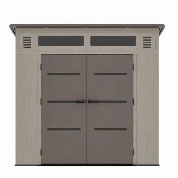 Casuta / magazie de gradina din polietilena HDPE Mesterino HUME-A, usi si acoperis maro, pereti gri antracit, 254x254x230 cm, cu podea din plastic HDPE, cinci carlige si doua polite CADOU imagine