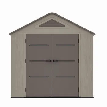 Casuta / magazie de gradina din polietilena HDPE MESTERINO Plato-B, usi si acoperis maro, pereti gri antracit, 250x246x242 cm, cu podea din plastic HDPE, cinci carlige si doua polite CADOU imagine