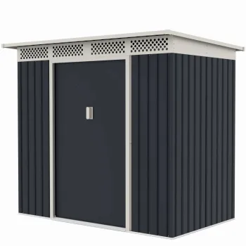 Casuta / magazie de gradina premium metalica, MESTERINO Bella-A, Gri/Bej, dimensiuni 215x142x184 cm, cu usi culisante si baza metalica imagine