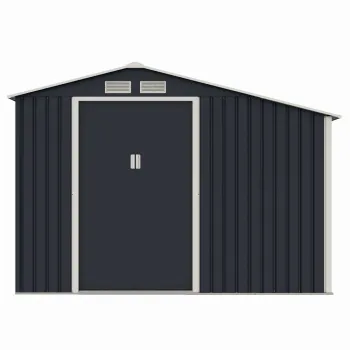 Casuta / magazie de gradina premium metalica, MESTERINO Luke-A, Gri/Bej, dimensiuni 278x131x195 cm, cu usi culisante si baza metalica imagine