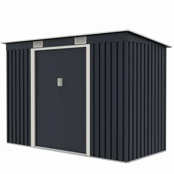 Casuta / magazie de gradina premium metalica, MESTERINO S2001-B, Gri/Bej, dimensiuni 261x121x176 cm, cu usi culisante si baza metalica imagine