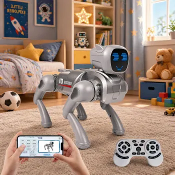 Catel robot inteligent, control telecomanda, aplicatie mobila, comenzi vocale, functii interactive, dans, imagine