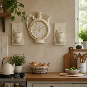 Ceas de Bucatarie in Forma de Ceainic si Cesti 3 Elemente OEM Shabby-Chic Plastic 56x23cm Crem-Bej Auriu imagine