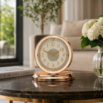 Ceas de masa decorativ premium, finisaj Rose Gold - mecanism silentios, design elegant, functionare pe baterie 25.5 x26 cm imagine