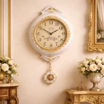 Ceas de perete clasic cu pendul 42x31 cm design elegant ALB/maro cu auriu vintage imagine