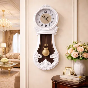 Ceas de perete cu pendul 80 cm, stil vintage, maro si alb imagine