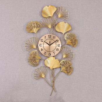 Ceas de perete decorativ 76 x 42 cm - design artistic cu frunze metalice, decor lux pentru living imagine