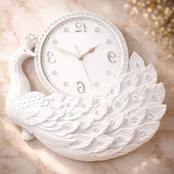 Ceas de perete decorativ cu paun  - design elegant - 44 x 39 cm imagine