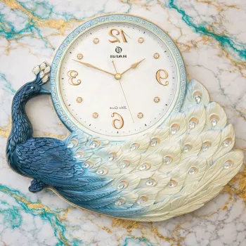 Ceas de perete decorativ cu paun  - design elegant - 44 x 39 cm imagine