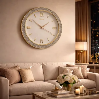 Ceas de perete decorativ cu pietricele stralucitoare si cifre romane aurii, 40cm imagine