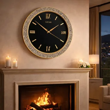 Ceas de perete decorativ cu pietricele stralucitoare si cifre romane aurii, 40cm imagine