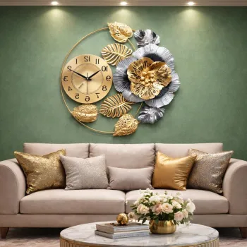 Ceas de perete decorativ floral auriu argintiu, 60 cm imagine