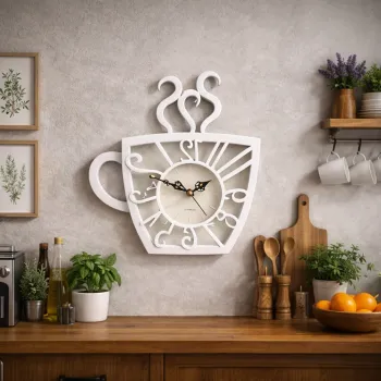 Ceas de Perete Decorativ in Forma de Ceasca de Cafea, 30x28 cm, Design 3D cu Cifre si Limbi in Relief imagine