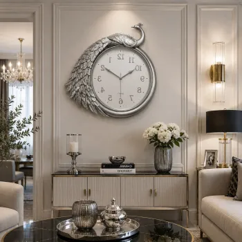 Ceas de Perete Decorativ Premium cu Paun, Mecanism Quartz, Design 3D Elegant - 43 x 50 cm imagine