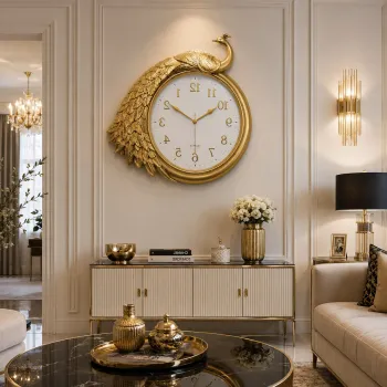 Ceas de Perete Decorativ Premium cu Paun, Mecanism Quartz, Design 3D Elegant - 43 x 50 cm imagine