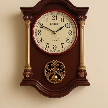 Ceas de perete maro cu decoratiuni aurii si pendula, stil somptuos, mecanism quartz, 60x40x10 cm imagine