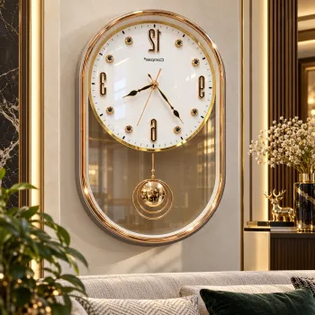 Ceas de Perete Premium cu Pendul Decorativ, Design Elegant Auriu, Forma Ovala - 57 x 30 cm imagine