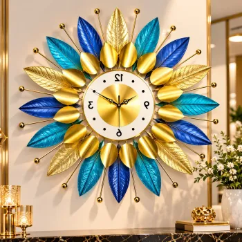 Ceas de Perete Premium Decorativ cu Frunze Aurii, Albastre si Turcoaz - Diametru 60 cm imagine
