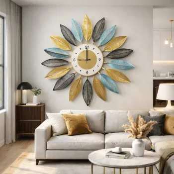 Ceas decorativ de perete cu frunze metalice 60 cm, Mecanism Silentios, Multicolor imagine