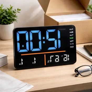 Ceas digital cu LED, Bluetooth, 33 x22cm, control de la distanta, montare pe perete sau birou, negru imagine