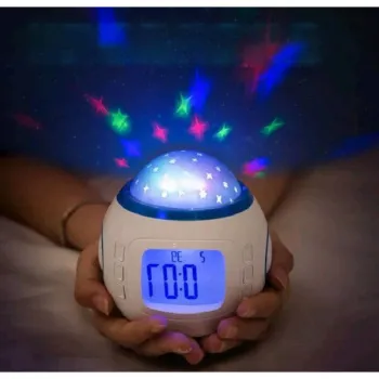 Ceas muzical de birou cu alarma, termometru si calendar, proiectare cu stelute, 10 cm imagine