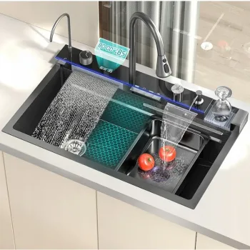 Chiuveta multifunctionala cu 2 cascade cu accesorii incluse, afisaj digital a temperaturii si robinet cascada, culoare negru grafit, dimensiune 750x450/800x450mm imagine