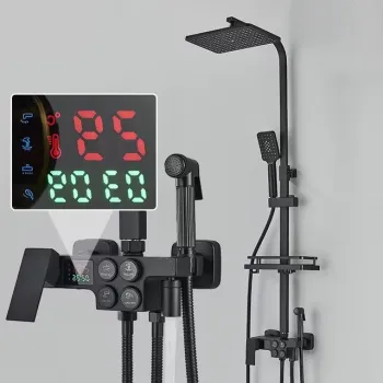 Coloana dus cu afisaj LCD, para de dus ajustabila, termometru, turbina generatoare de curent, baterie termostat, corp baterie din alama, 4 functii, negru mat imagine