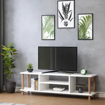 Comoda TV cu rafturi, 120 cm, model cu picioare din lemn imagine