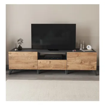 Comoda TV living 160 cm, masa TV bicolor decorativa, mobilier sufragerie cu 2 usi rabatabile soft-close, PAL melaminat 18 mm clasa E1, suport televizor pana la 65 inch, rezistent 60 kg blat, stil scandinav modern imagine
